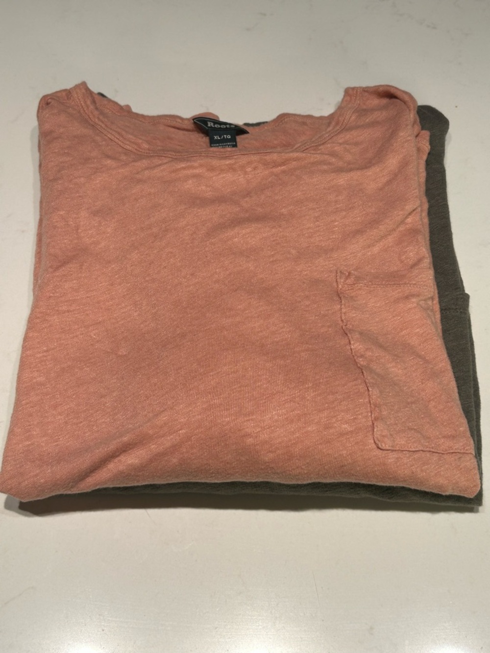 Set of 2 Roots 100 % linen Crewneck Tees /front pocket/side slit . Peach & Olive